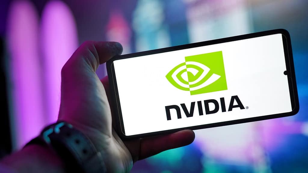 Hand holding phone with Nvidia Logo
