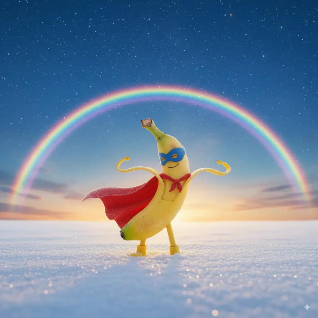 Nano Banana with red cape and blue mask. A rainbow in the background.