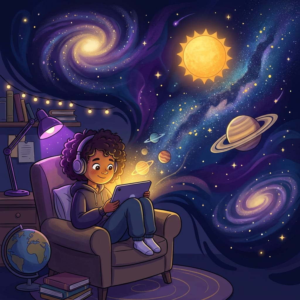 Kid using tablet planets in the background, space resource