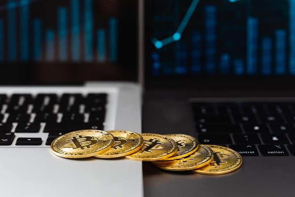 Bitcoins on laptop keyboard