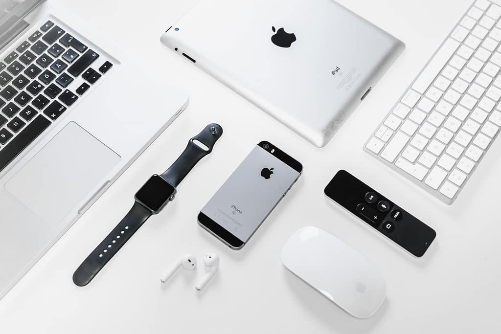 Iphone, Ipad, Apple watch, airpods, Apple mouse, Apple keyboard, Apple tv remote and mackbook