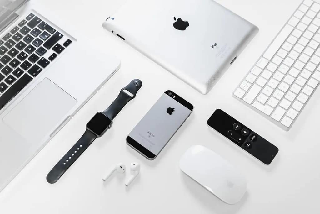 Iphone, Ipad, Apple watch, airpods, Apple mouse, Apple keyboard, Apple tv remote and mackbook