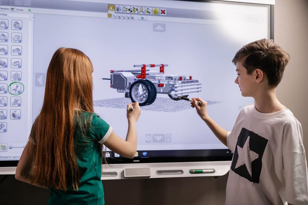 two students working on project on big smart screen technology