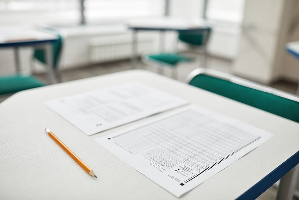 Exam on desk with pencil, skills