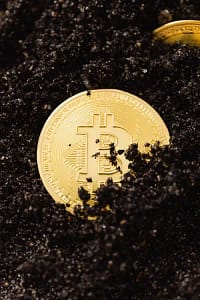 Half bitcoin in dirt half uncovered on ground