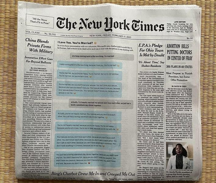 The front page of The New York Times newspaper dated February !7, 2023